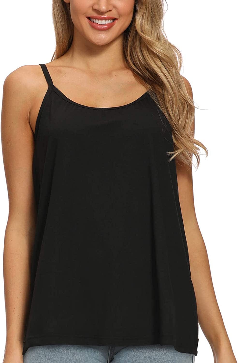 Women Flowy Pleated Camisole with Built in Bra Loose Casual Sleeveless Tank Tops Black / X-Large