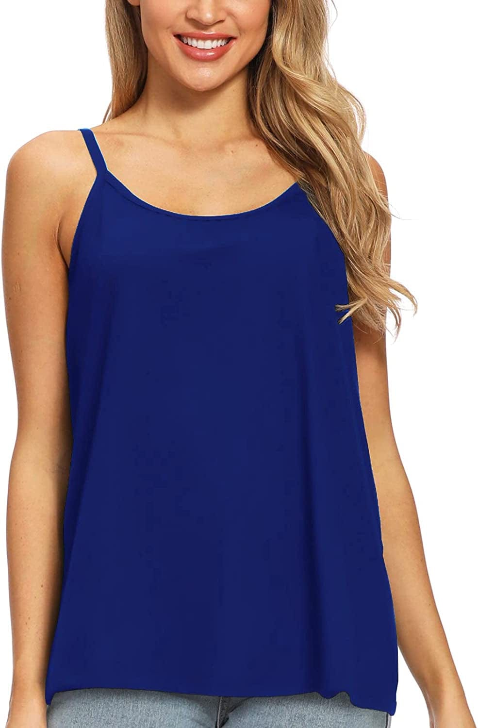 Women Flowy Pleated Camisole with Built in Bra Loose Casual Sleeveless Tank Tops Navy / XX-Large