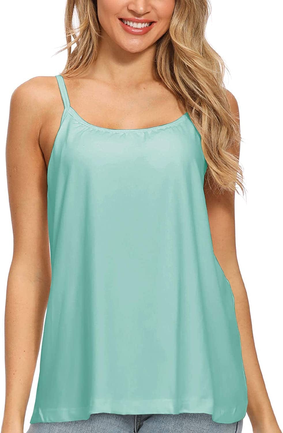 Women Flowy Pleated Camisole with Built in Bra Loose Casual Sleeveless Tank Tops Turquoise Blue / XX-Large