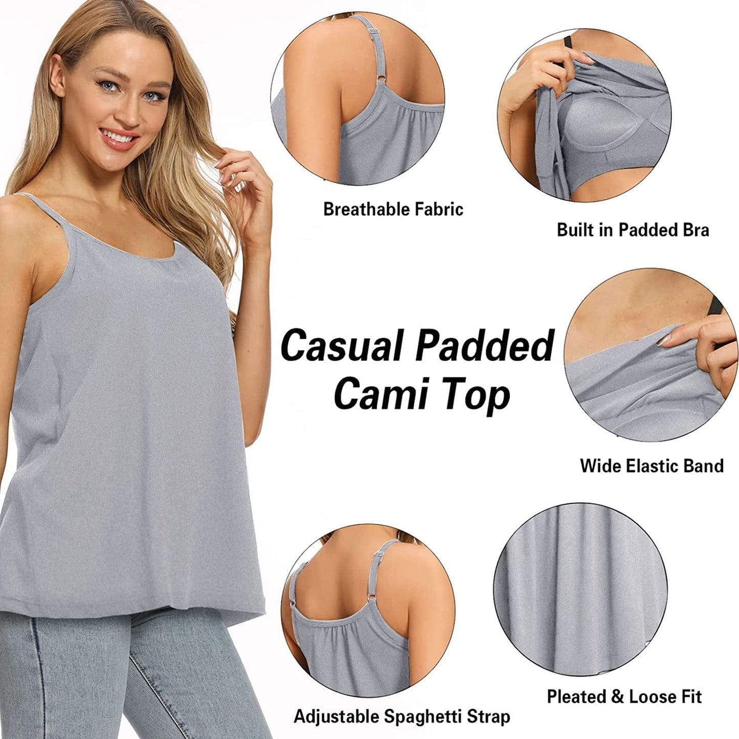 Women Flowy Pleated Camisole with Built in Bra Loose Casual Sleeveless Tank Tops