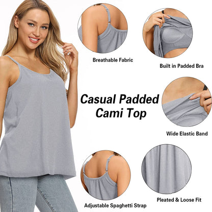 Women Flowy Pleated Camisole with Built in Bra Loose Casual Sleeveless Tank Tops