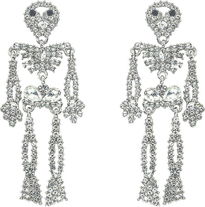 Women Girls Halloween Crystal Skeleton Dangle Earrings, Bling Rhinestone Skull Earrings Gothic Skull Dangle Earrings Set (2)Color: Silver