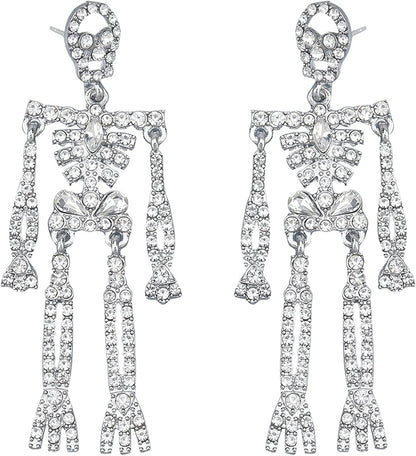 Women Girls Halloween Crystal Skeleton Dangle Earrings, Bling Rhinestone Skull Earrings Gothic Skull Dangle Earrings Set (1)Color: Silver