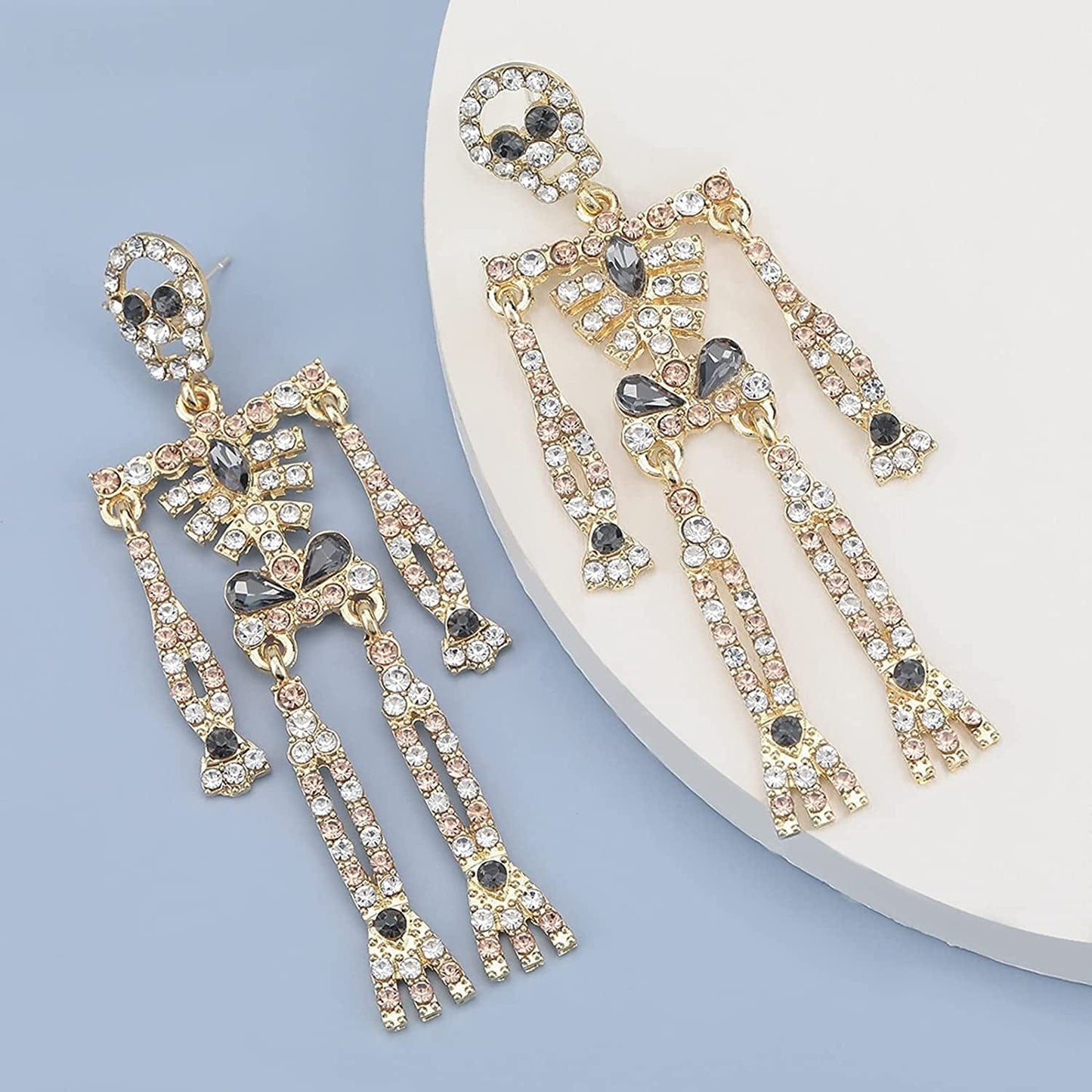 Women Girls Halloween Crystal Skeleton Dangle Earrings, Bling Rhinestone Skull Earrings Gothic Skull Dangle Earrings Set