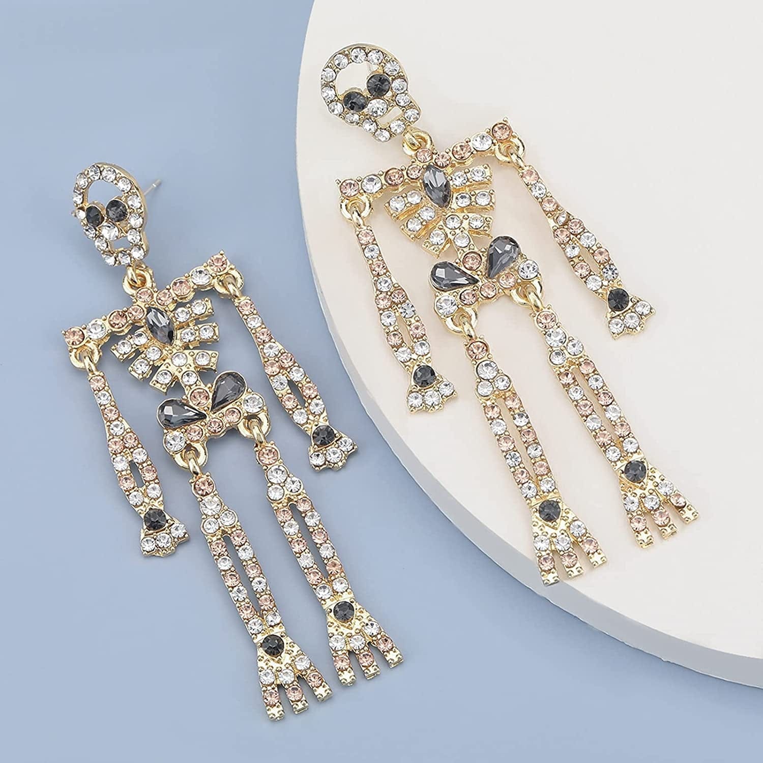 Women Girls Halloween Crystal Skeleton Dangle Earrings, Bling Rhinestone Skull Earrings Gothic Skull Dangle Earrings Set