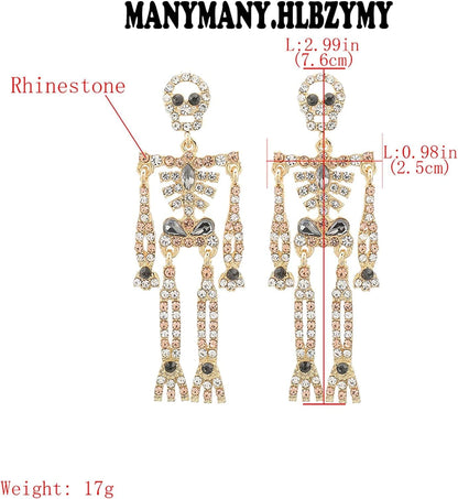 Women Girls Halloween Crystal Skeleton Dangle Earrings, Bling Rhinestone Skull Earrings Gothic Skull Dangle Earrings Set