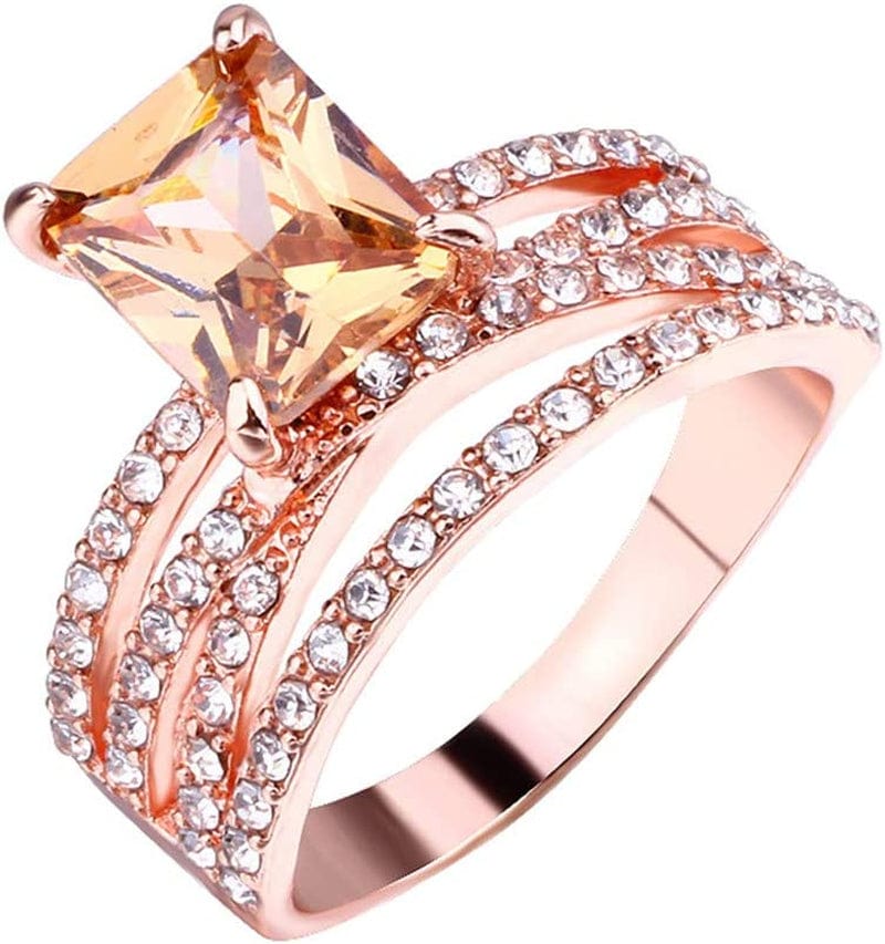 Women Girls Trendy Square-Topaz Ring Rose Gold Stacking Ring Simple Temperament Jewelry Geometric Diamond Ring (Rose Gold, 7)