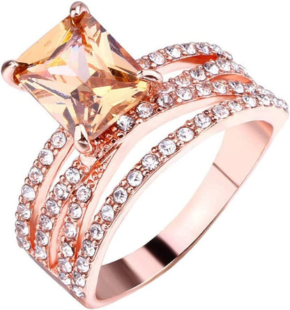Women Girls Trendy Square-Topaz Ring Rose Gold Stacking Ring Simple Temperament Jewelry Geometric Diamond Ring (Rose Gold, 7)