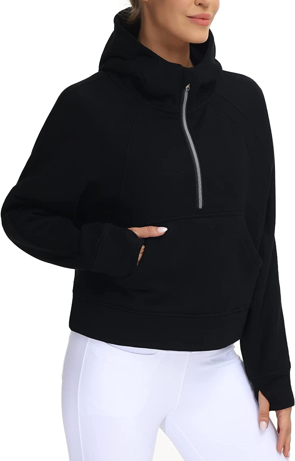 Women Half Zippe Hoodies Collar Pullover Sweatshirts with Pockets Long Sleeve Crop Tops Thumb Hole Black / Large