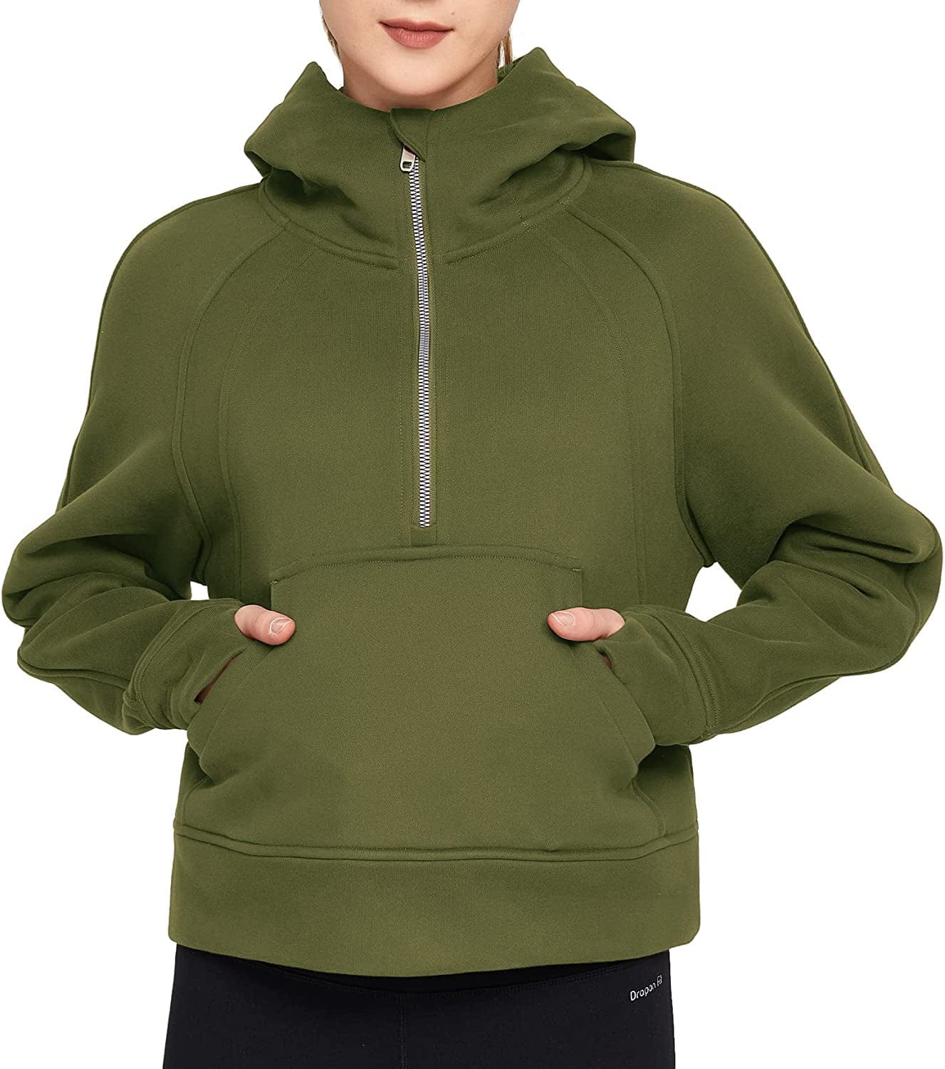 Women Half Zippe Hoodies Collar Pullover Sweatshirts with Pockets Long Sleeve Crop Tops Thumb Hole Army Green / Small