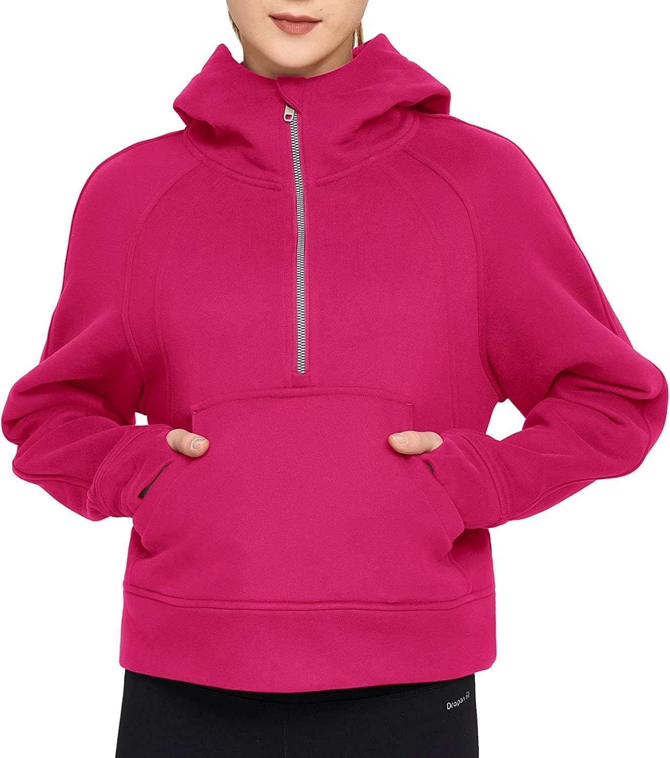 Women Half Zippe Hoodies Collar Pullover Sweatshirts with Pockets Long Sleeve Crop Tops Thumb Hole Pitaya Red / X-Large