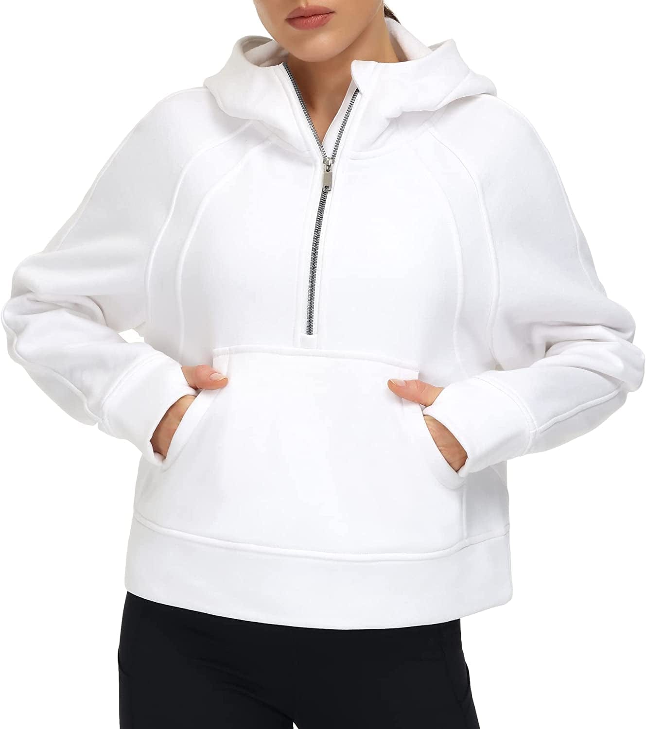 Women Half Zippe Hoodies Collar Pullover Sweatshirts with Pockets Long Sleeve Crop Tops Thumb Hole White / X-Large