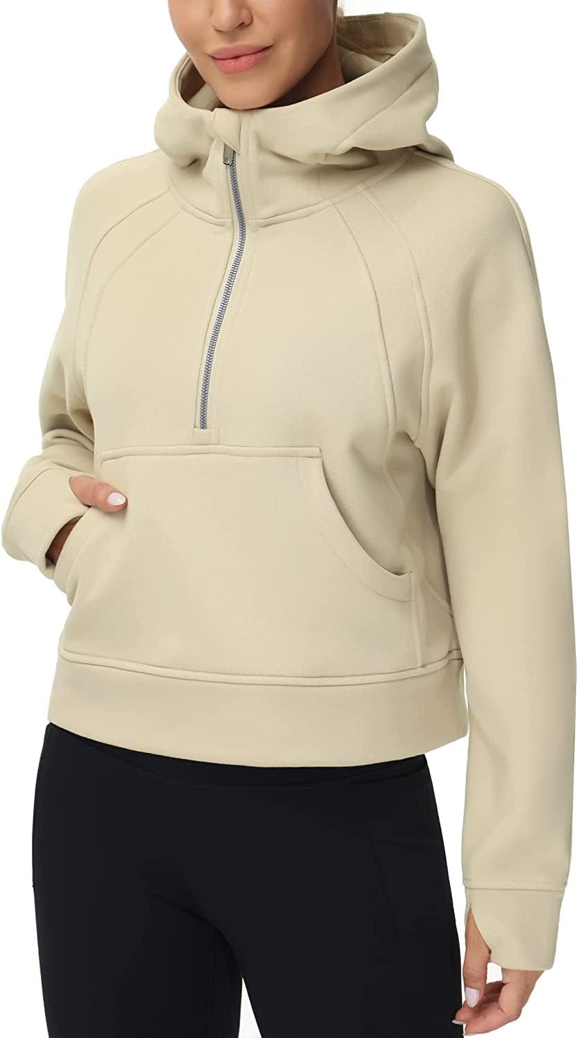 Women Half Zippe Hoodies Collar Pullover Sweatshirts with Pockets Long Sleeve Crop Tops Thumb Hole Khaki / X-Large