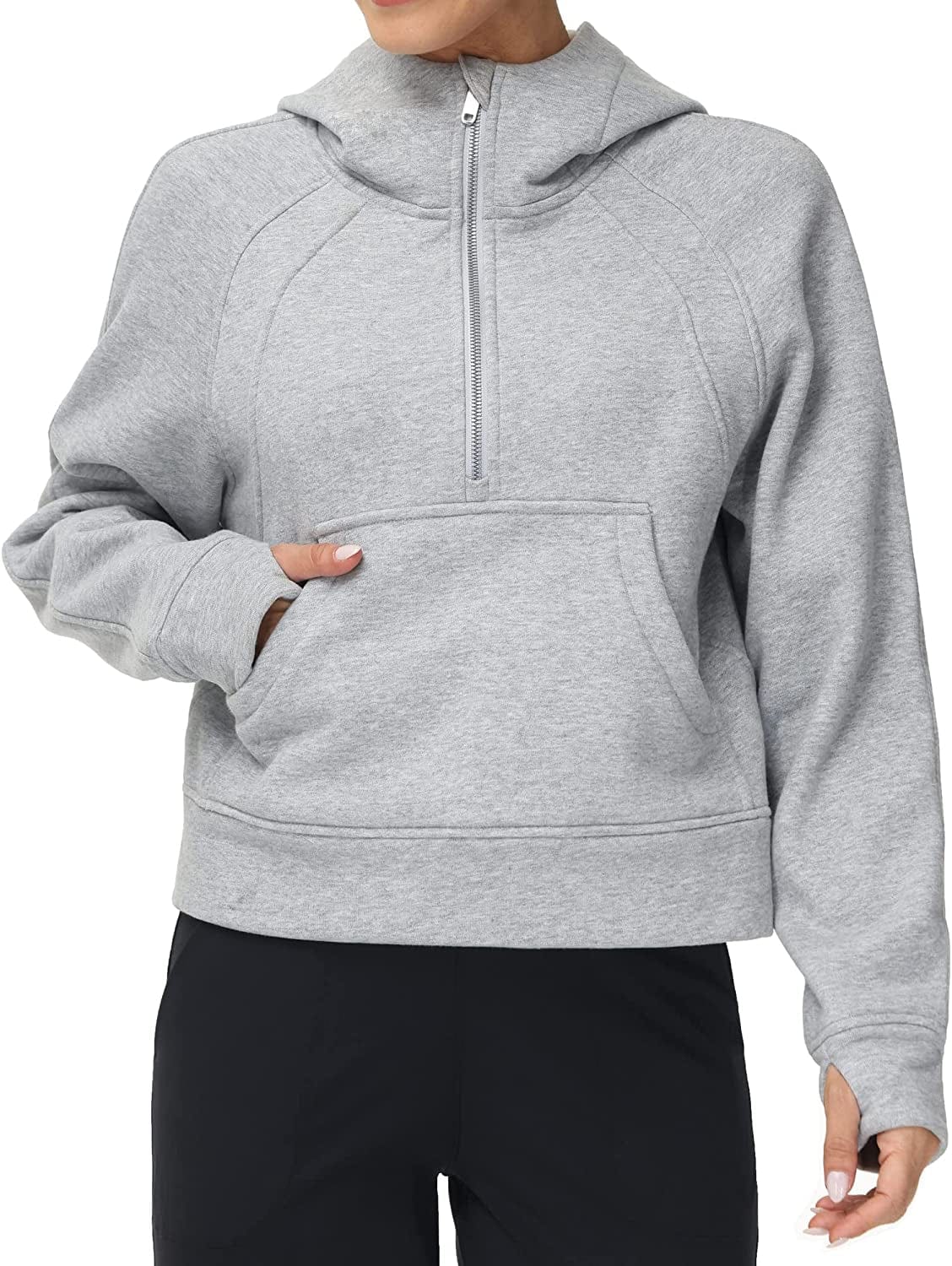 Women Half Zippe Hoodies Collar Pullover Sweatshirts with Pockets Long Sleeve Crop Tops Thumb Hole Grey / X-Large