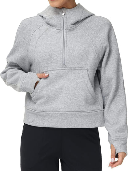 Women Half Zippe Hoodies Collar Pullover Sweatshirts with Pockets Long Sleeve Crop Tops Thumb Hole Grey / X-Large