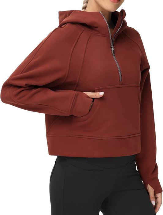 Women Half Zippe Hoodies Collar Pullover Sweatshirts with Pockets Long Sleeve Crop Tops Thumb Hole Date Brown Red / X-Large