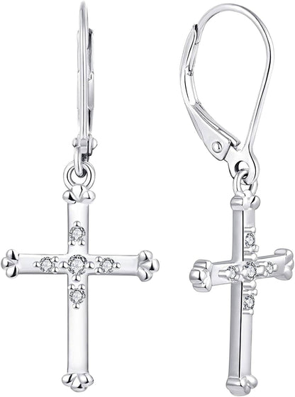 Women Infinity Cross Earrings,925 Sterling Silver Leverback Crucifix Cross Dangle & Drop Earrings with 5A Cubic Zirconia,Jesus Jewelry for Women Cross C-white gold