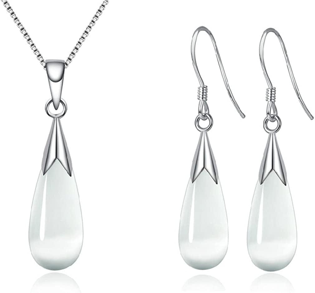 Women Jewelry Set, Teardrop Synthetic Cat Eye Stone Pendant Necklace and Dangle Earrings Set for Women Girls White, Jewelry Set