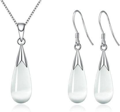 Women Jewelry Set, Teardrop Synthetic Cat Eye Stone Pendant Necklace and Dangle Earrings Set for Women Girls White, Jewelry Set