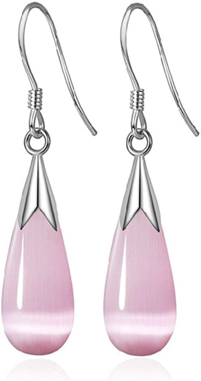 Women Jewelry Set, Teardrop Synthetic Cat Eye Stone Pendant Necklace and Dangle Earrings Set for Women Girls