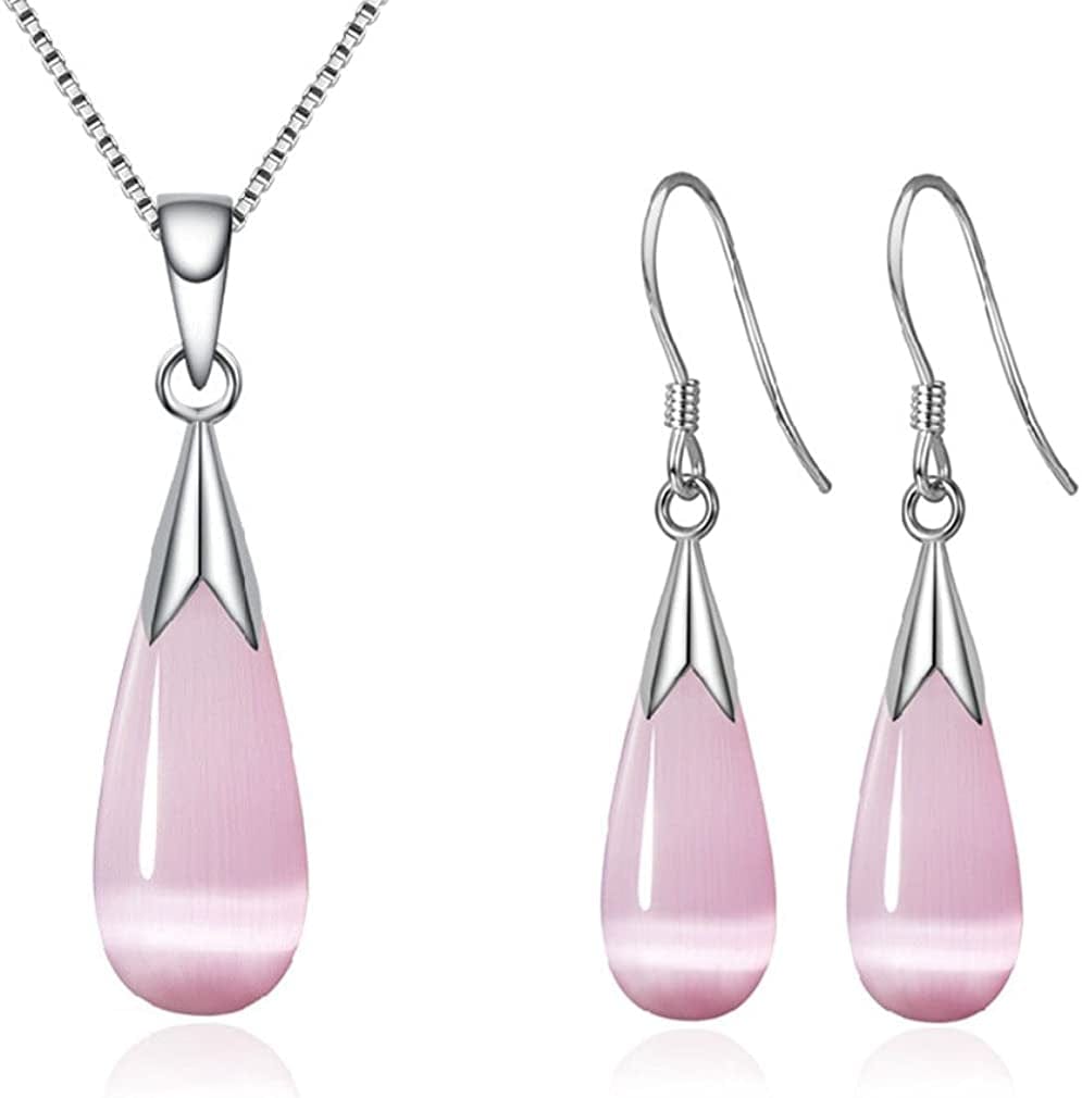 Women Jewelry Set, Teardrop Synthetic Cat Eye Stone Pendant Necklace and Dangle Earrings Set for Women Girls Pink, Jewelry Set