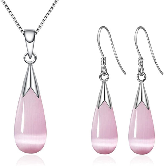 Women Jewelry Set, Teardrop Synthetic Cat Eye Stone Pendant Necklace and Dangle Earrings Set for Women Girls Pink, Jewelry Set