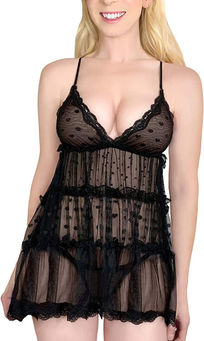 Women Lace Babydoll Chemise Halter V Neck Sleepwear and Thong Lingerie Set - Romantic Black / Large