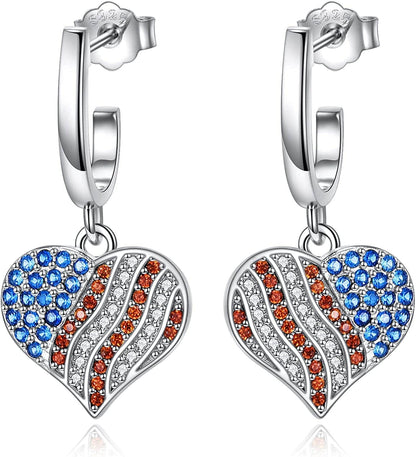 Women Ladies Earrings 925 Sterling Silver Drop &Dangle Earring Stud Hypoallergenic Jewelry American Flag