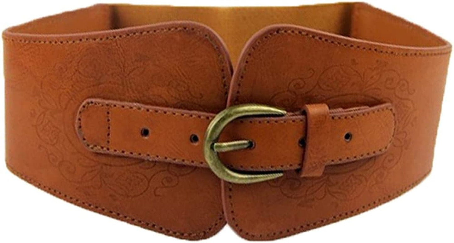 Women Ladies Vintage Wide Faux Leather Totem Print Elastic Stretchy Corset Cinch Belt Apparel & Accessories > Clothing Accessories > Belts szzoqdz Brown  