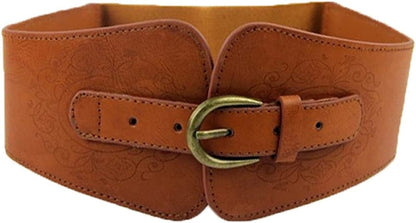 Women Ladies Vintage Wide Faux Leather Totem Print Elastic Stretchy Corset Cinch Belt Apparel & Accessories > Clothing Accessories > Belts szzoqdz Brown  