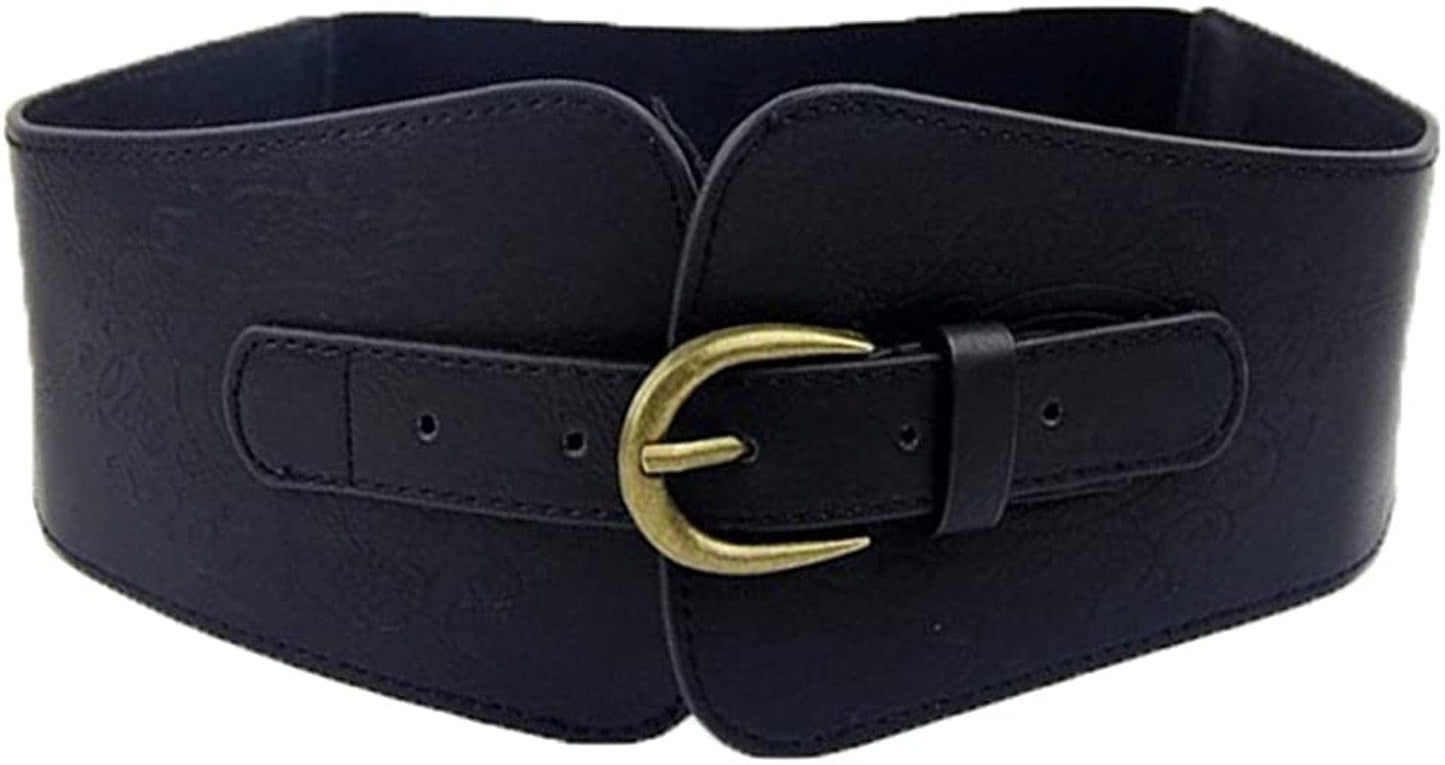 Women Ladies Vintage Wide Faux Leather Totem Print Elastic Stretchy Corset Cinch Belt Apparel & Accessories > Clothing Accessories > Belts szzoqdz Black  