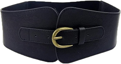 Women Ladies Vintage Wide Faux Leather Totem Print Elastic Stretchy Corset Cinch Belt Apparel & Accessories > Clothing Accessories > Belts szzoqdz Black  