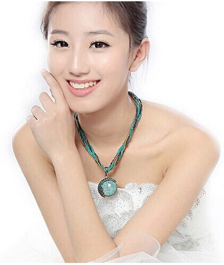 Women Lady Retro Vintage Bohemian Style Turquoise Rhinestone Pendant Collar Chain Necklace Fashion Jewelry