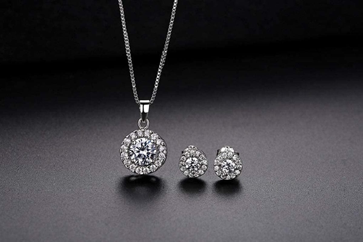 Women Lady'S Shiny Rhinestone Pendent 925 Silver Plated Crystal Wedding Necklace Earrings Finger Ring Jewelry Set