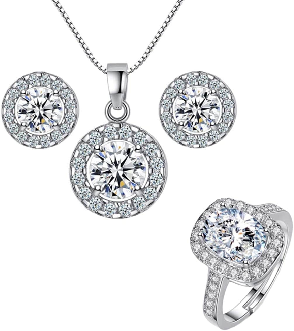 Women Lady'S Shiny Rhinestone Pendent 925 Silver Plated Crystal Wedding Necklace Earrings Finger Ring Jewelry Set