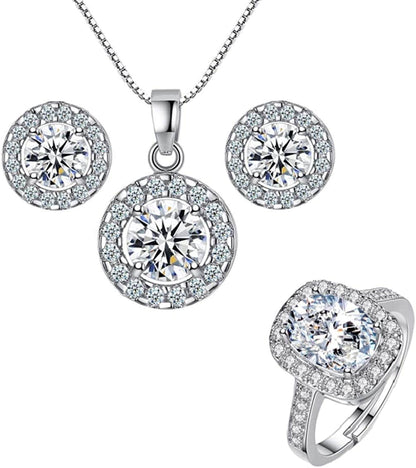 Women Lady'S Shiny Rhinestone Pendent 925 Silver Plated Crystal Wedding Necklace Earrings Finger Ring Jewelry Set