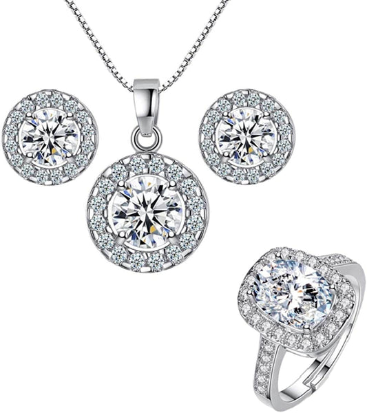 Women Lady'S Shiny Rhinestone Pendent 925 Silver Plated Crystal Wedding Necklace Earrings Finger Ring Jewelry Set