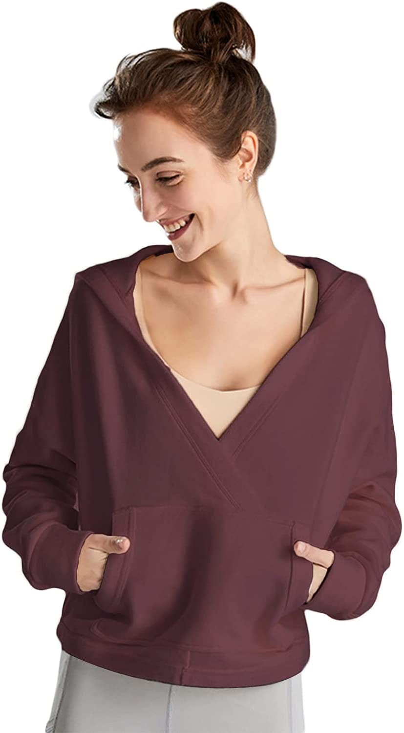 Women Long Sleeve Cropped Super Crop Top Hoodies Sweatshirt Aesthetic Punk Hip Hop Dance Sexy Rave Cloth Burgundy02# / Large