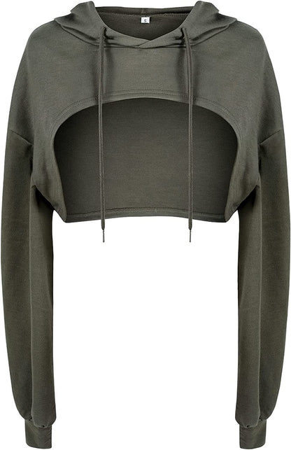 Women Long Sleeve Cropped Super Crop Top Hoodies Sweatshirt Aesthetic Punk Hip Hop Dance Sexy Rave Cloth C-army Green / X-Large-XX-Large