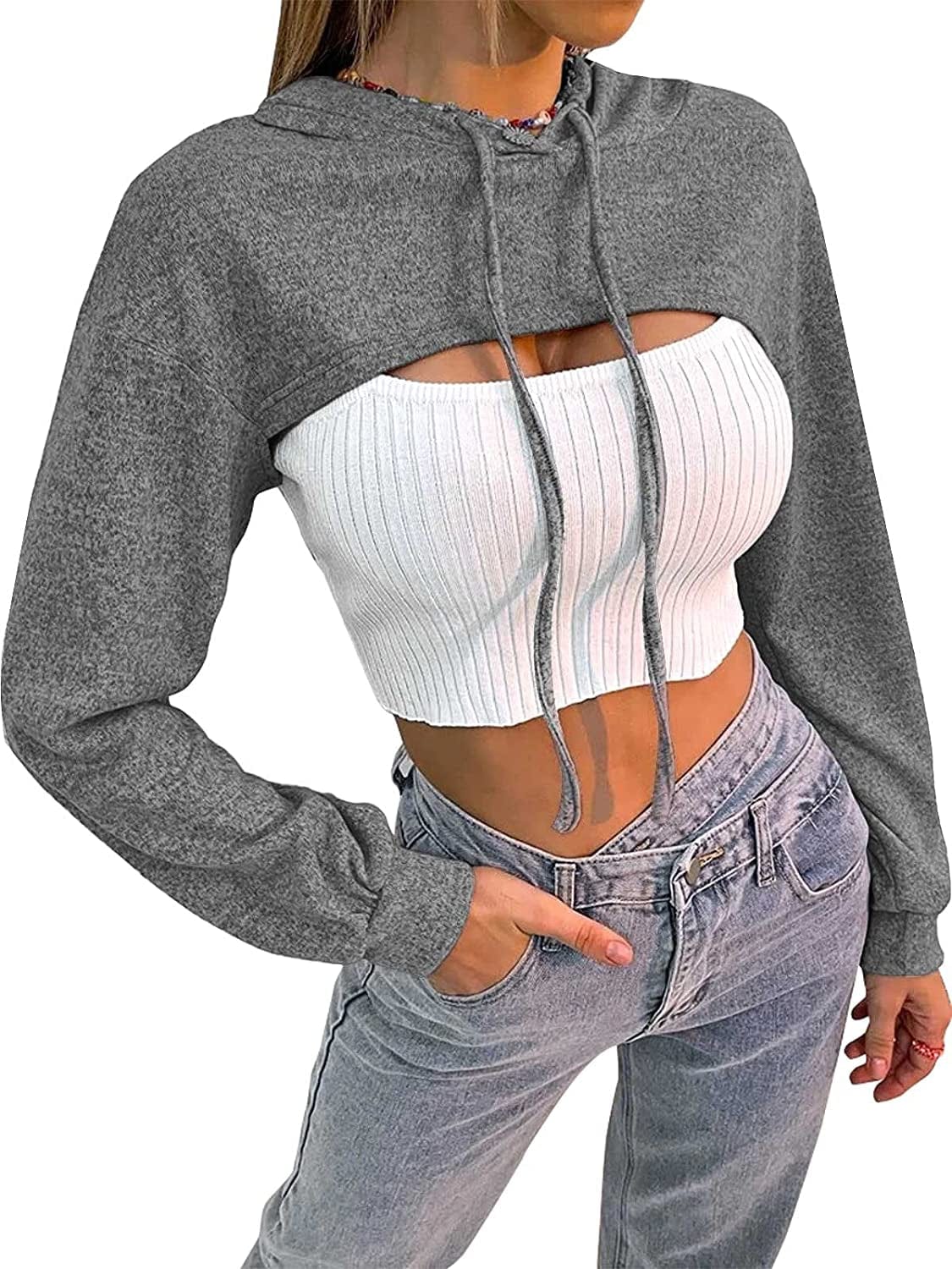 Women Long Sleeve Cropped Super Crop Top Hoodies Sweatshirt Aesthetic Punk Hip Hop Dance Sexy Rave Cloth Dark Grey / Medium-Large