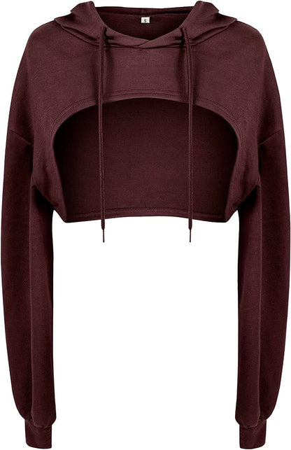 Women Long Sleeve Cropped Super Crop Top Hoodies Sweatshirt Aesthetic Punk Hip Hop Dance Sexy Rave Cloth Burgundy / Medium-Large