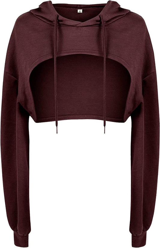 Women Long Sleeve Cropped Super Crop Top Hoodies Sweatshirt Aesthetic Punk Hip Hop Dance Sexy Rave Cloth Burgundy / Medium-Large