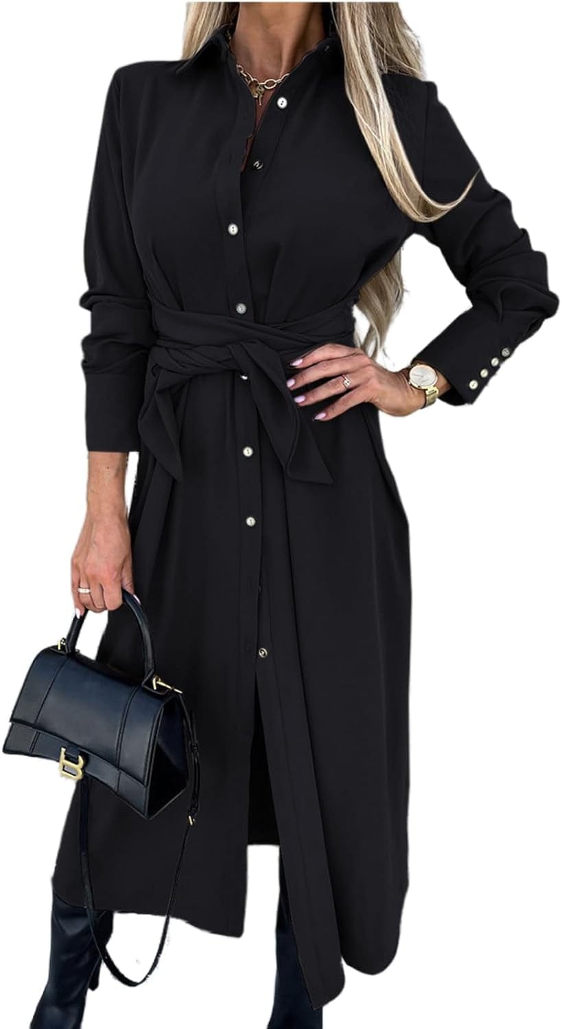 Women Long Sleeve Midi Shirt Dress Collared Knee Length Tie Waist Shirtdress Fall Winter Button down on Casual Black / 3X-Large