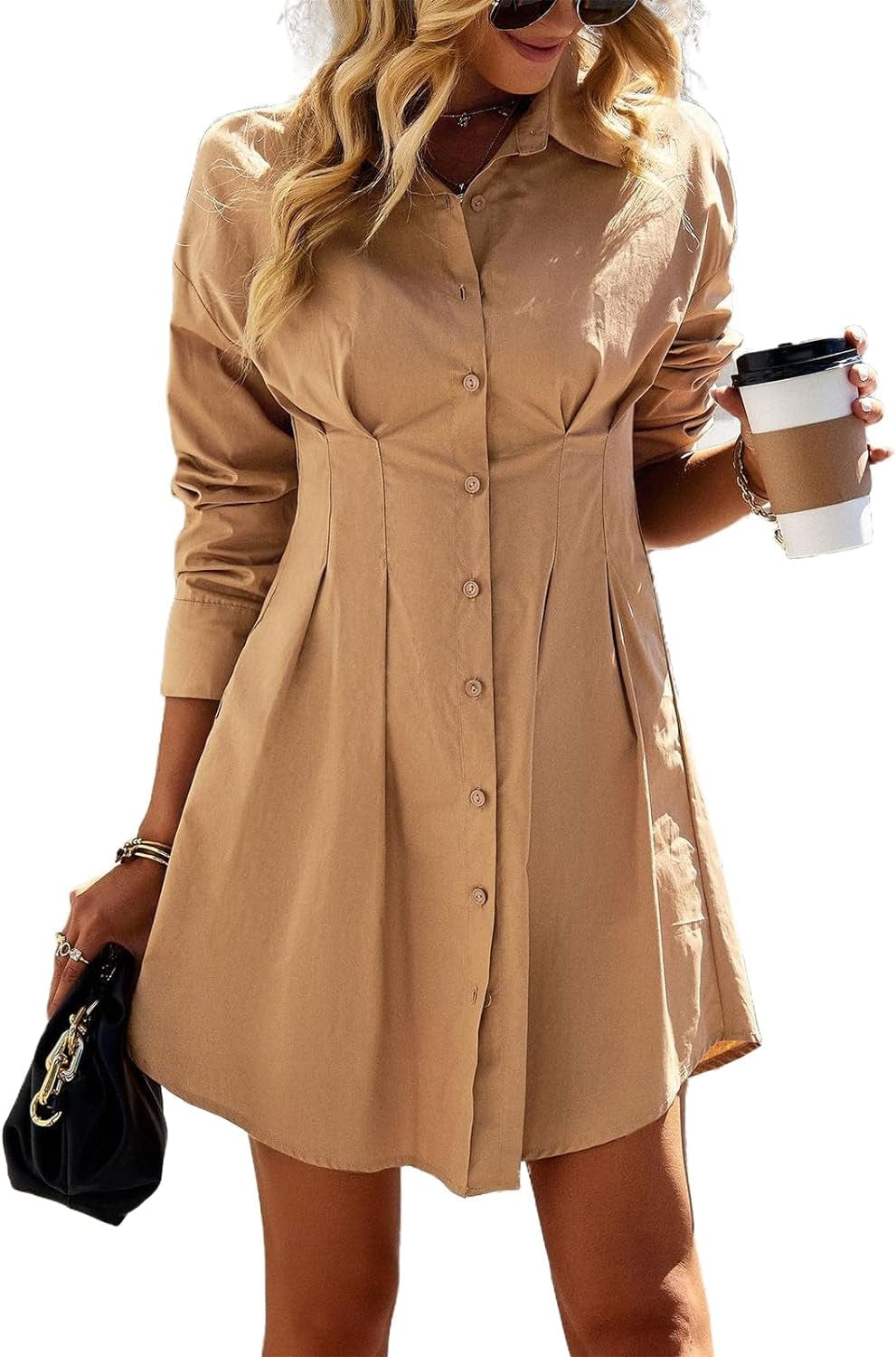Women Long Sleeve Midi Shirt Dress Collared Knee Length Tie Waist Shirtdress Fall Winter Button down on Casual Coffee / X-Large