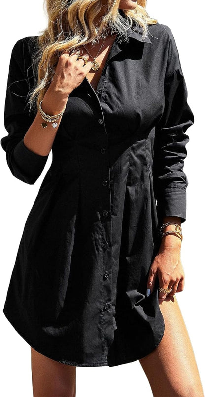 Women Long Sleeve Midi Shirt Dress Collared Knee Length Tie Waist Shirtdress Fall Winter Button down on Casual Black-1 / Medium