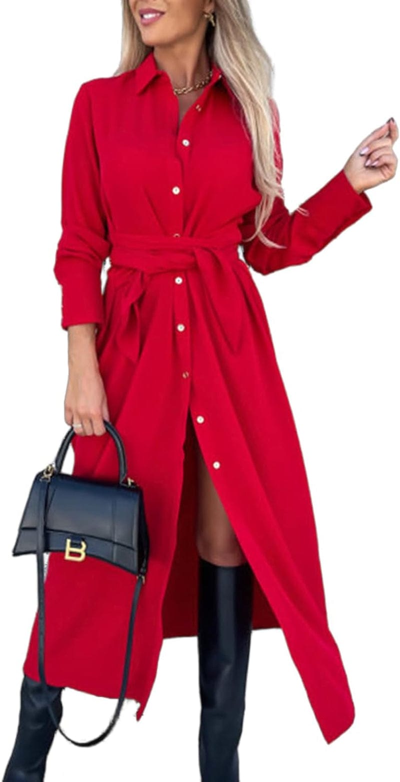 Women Long Sleeve Midi Shirt Dress Collared Knee Length Tie Waist Shirtdress Fall Winter Button down on Casual Red / 3X-Large