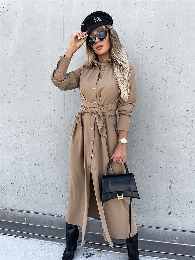 Women Long Sleeve Midi Shirt Dress Collared Knee Length Tie Waist Shirtdress Fall Winter Button down on Casual