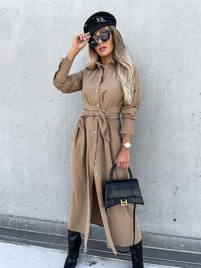 Women Long Sleeve Midi Shirt Dress Collared Knee Length Tie Waist Shirtdress Fall Winter Button down on Casual