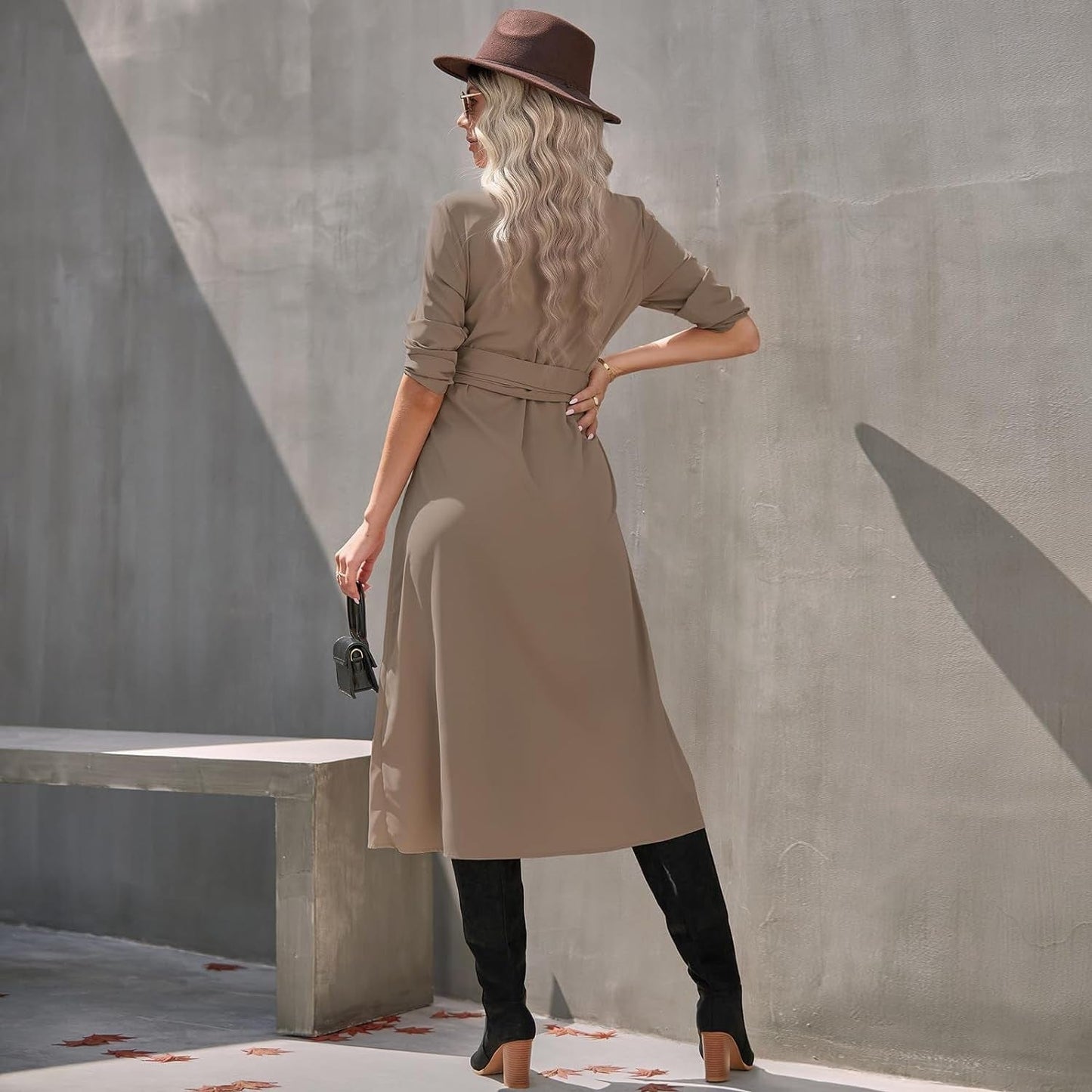 Women Long Sleeve Midi Shirt Dress Collared Knee Length Tie Waist Shirtdress Fall Winter Button down on Casual