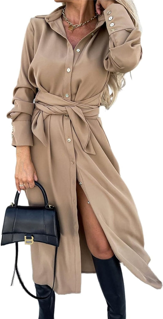 Women Long Sleeve Midi Shirt Dress Collared Knee Length Tie Waist Shirtdress Fall Winter Button down on Casual